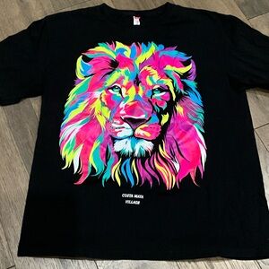 Costa Maya Village Black Short Sleeve Tee with Neon Lion Print